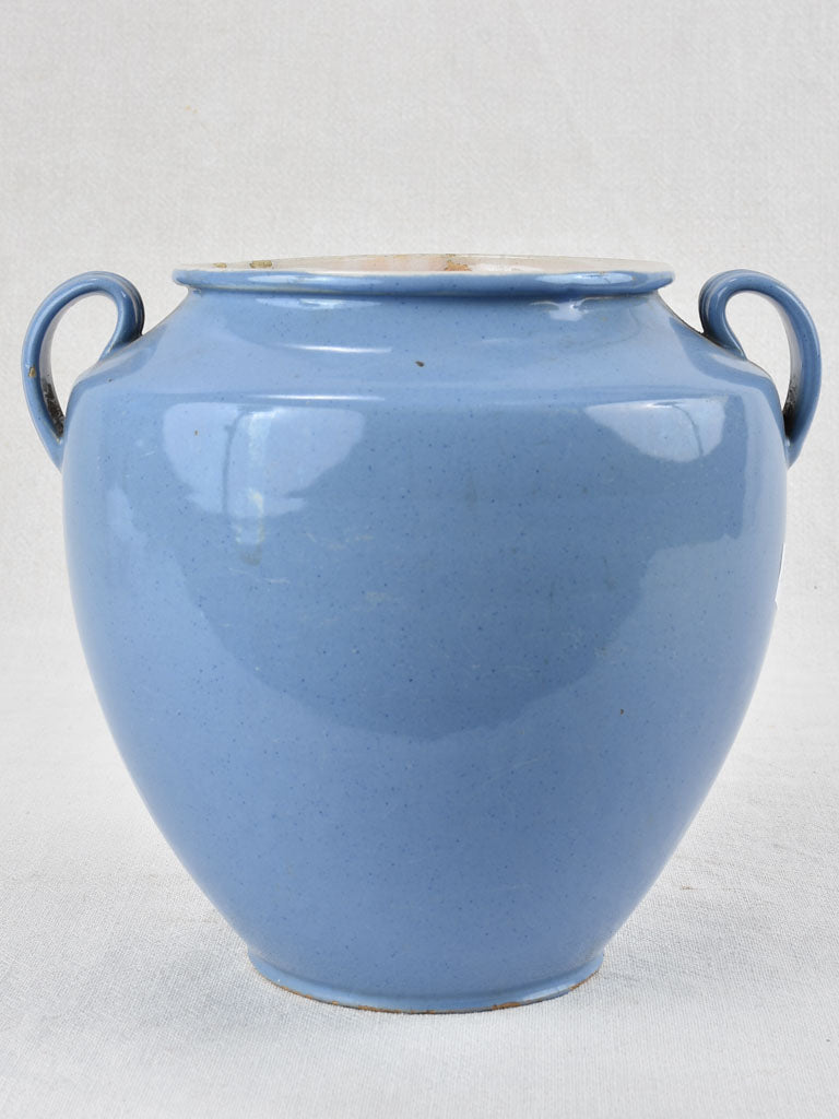 Antique French preserving pot with blue glaze 8¾"