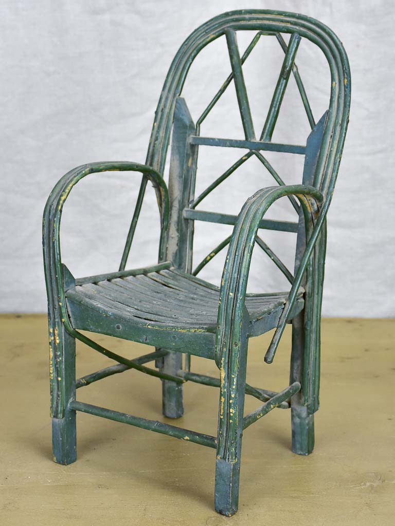 Antique French doll's armchair - green wicker