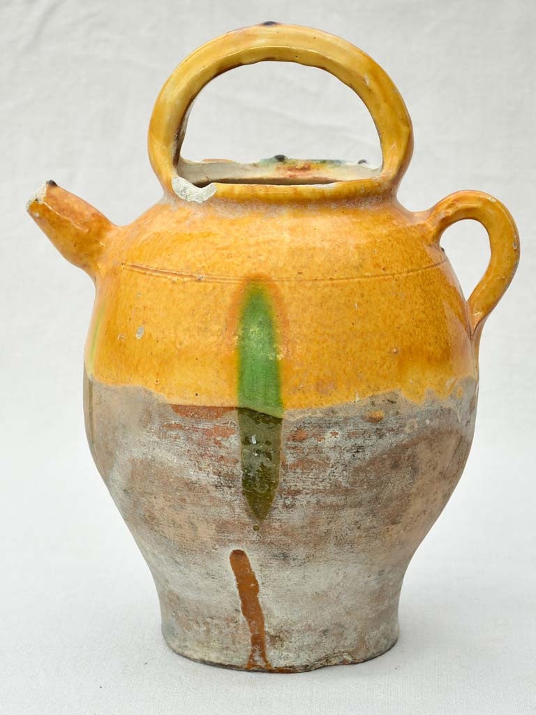 Antique French water pitcher / cruche with yellow and green glaze 15¼"