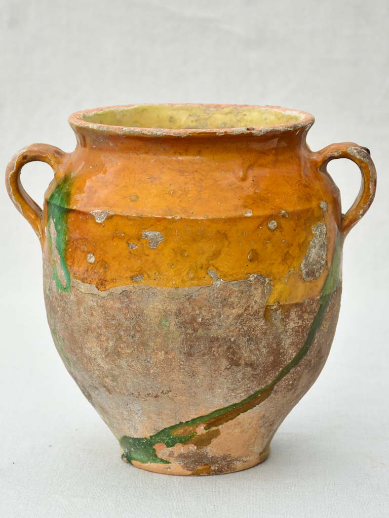 Antique French confit pot with orange glaze and green drips 9½"
