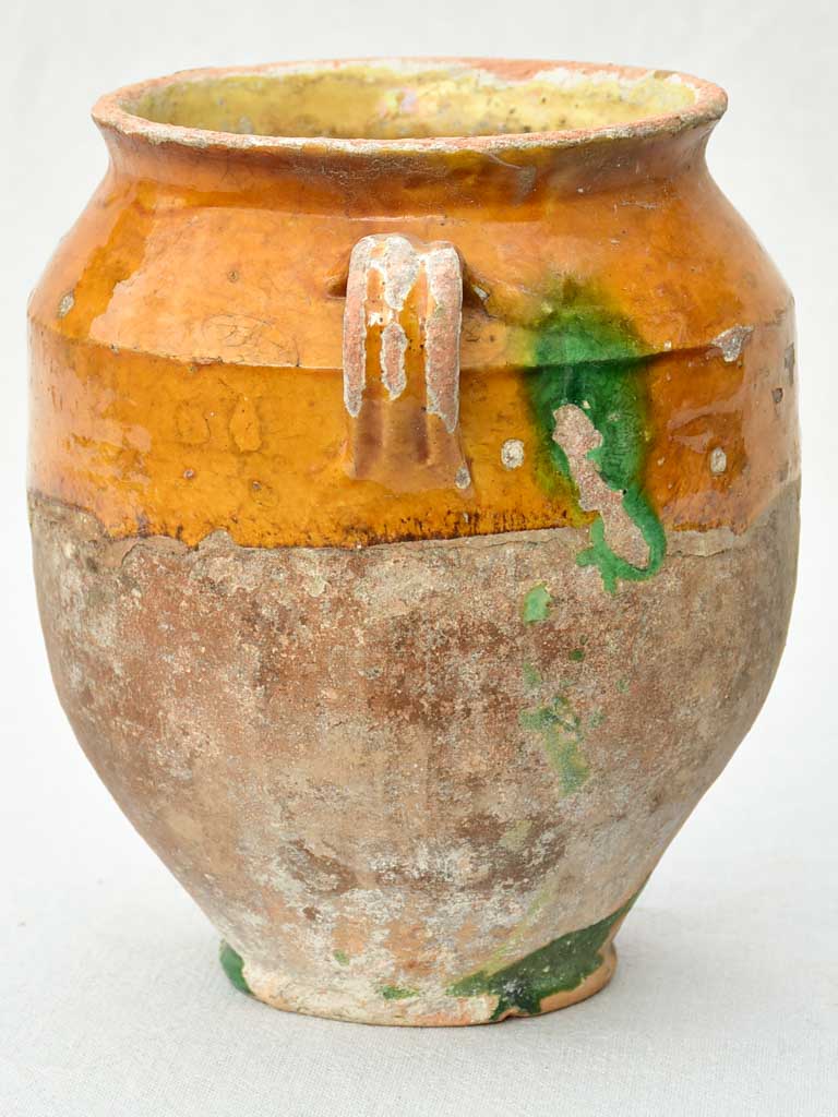 Antique French confit pot with orange glaze and green drips 9½"