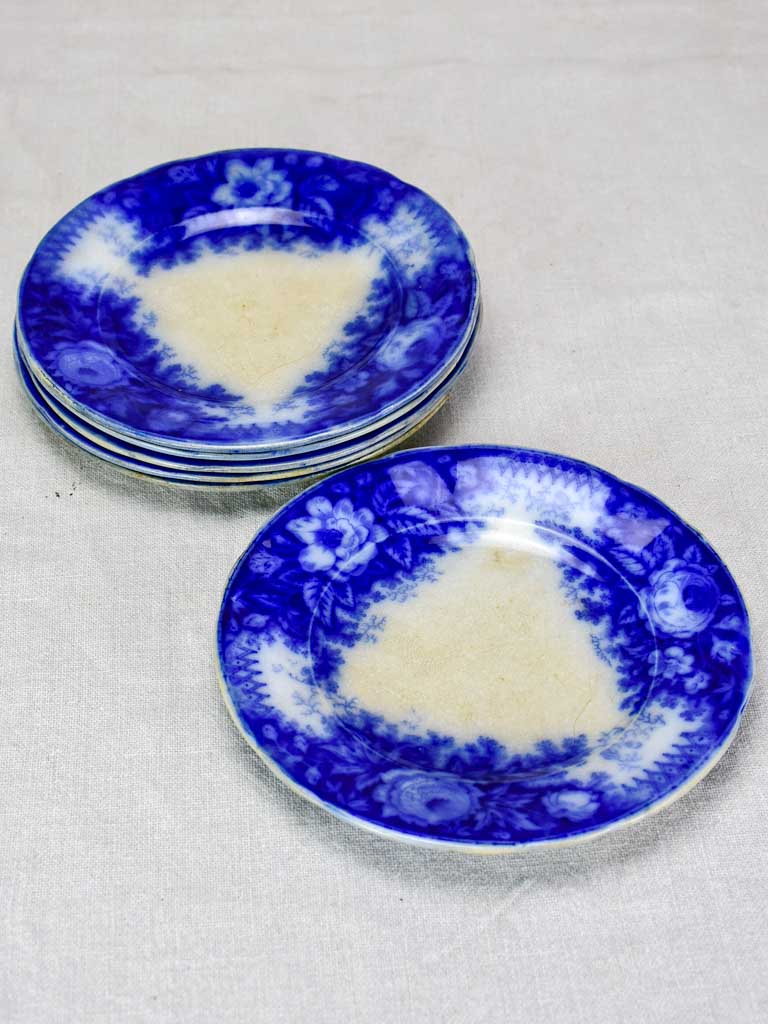 6 antique French plates with deep blue flowers -  'Jardiniere' pattern