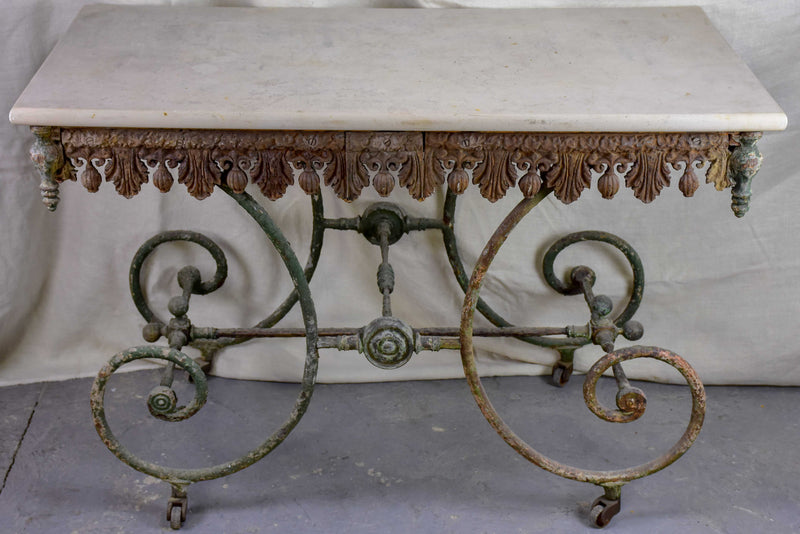 19th Century French butcher's table with marble top and wheels