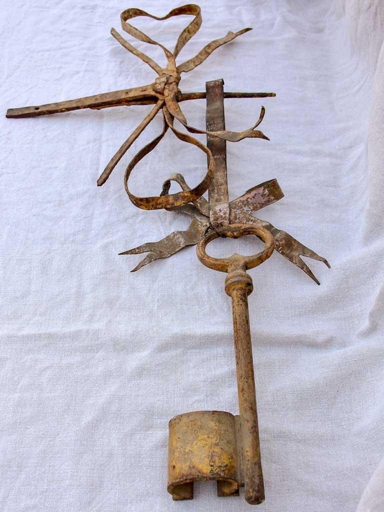 19th Century French Locksmith's sign, key and bow