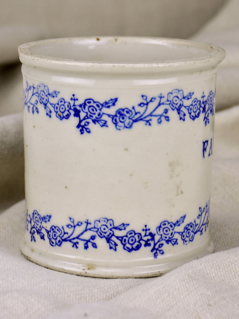 Antique French flour pot with blue flowers