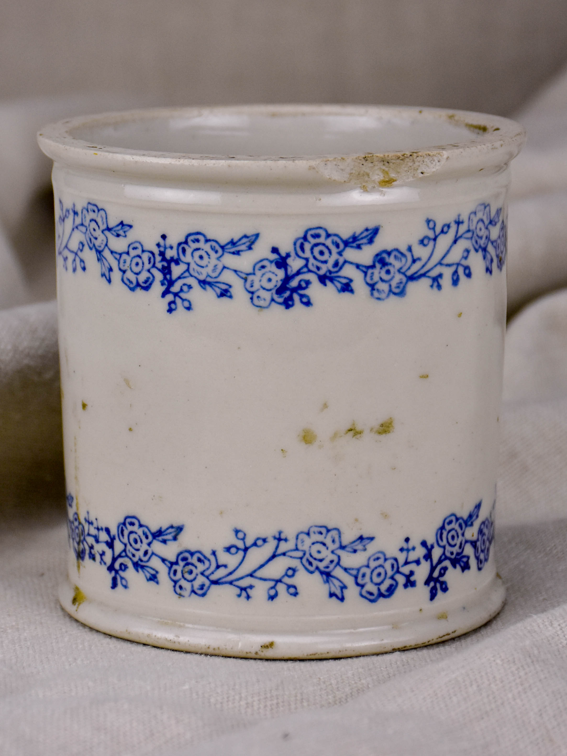 Antique French flour pot with blue flowers