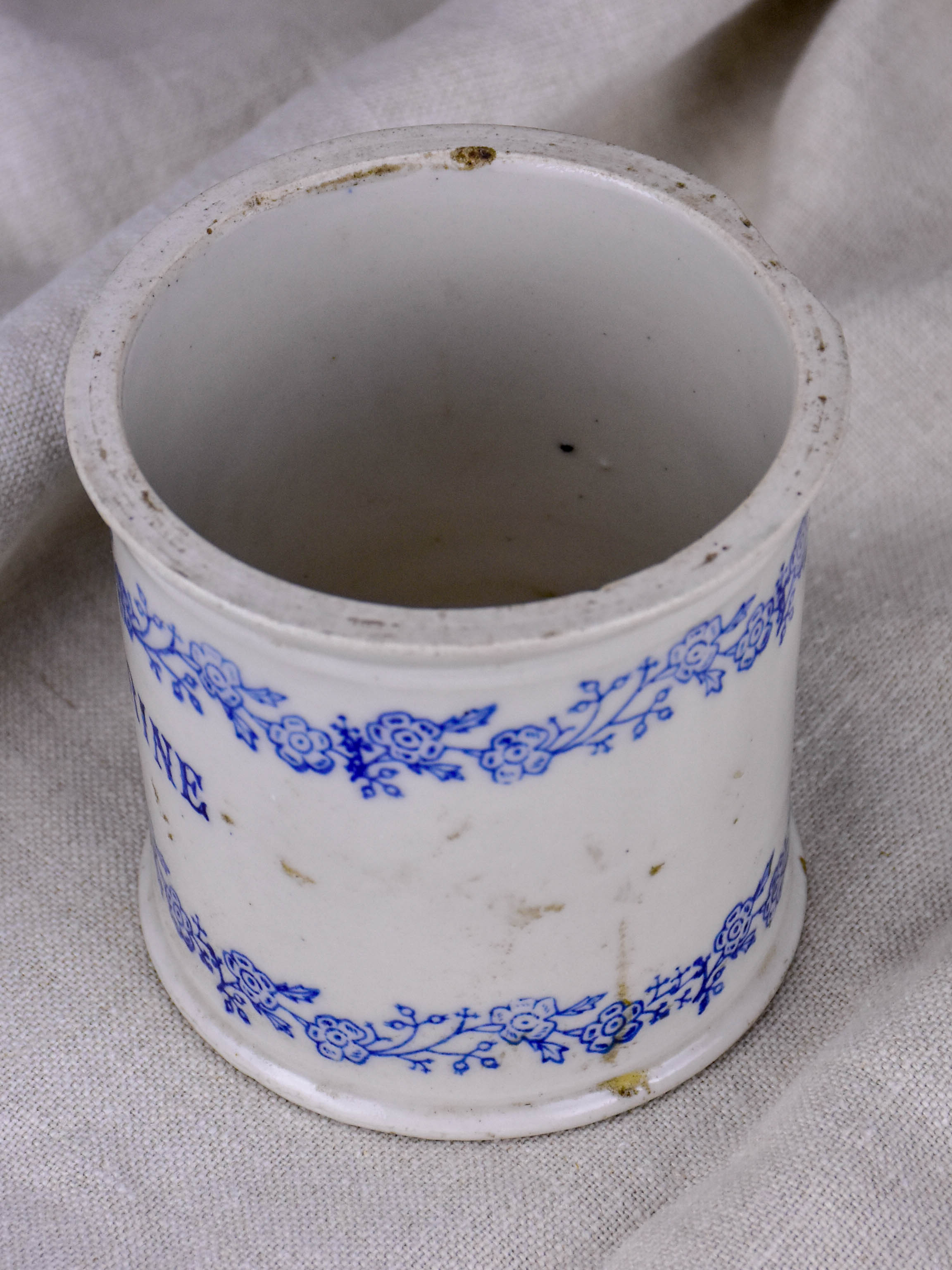 Antique French flour pot with blue flowers