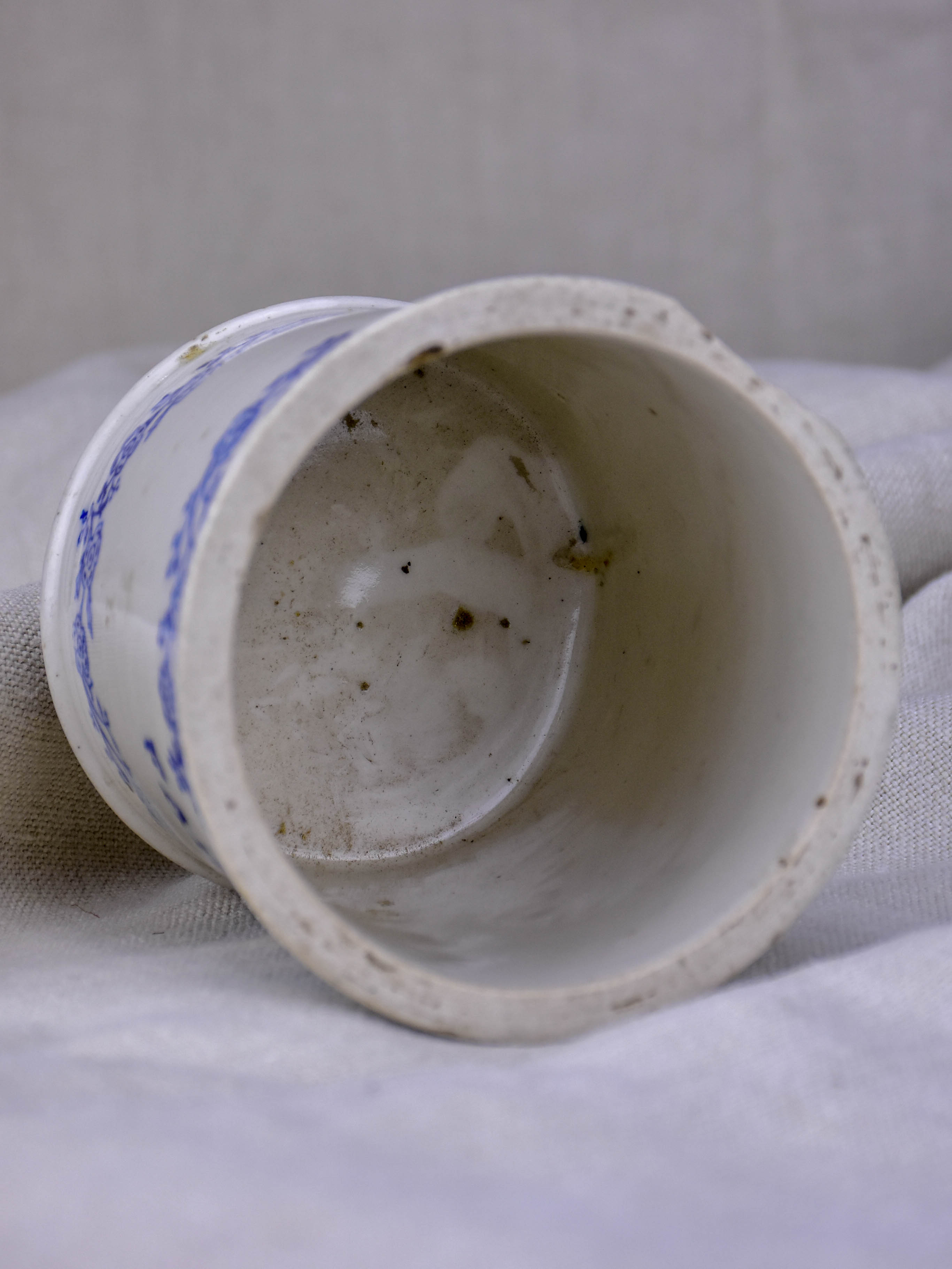 Antique French flour pot with blue flowers