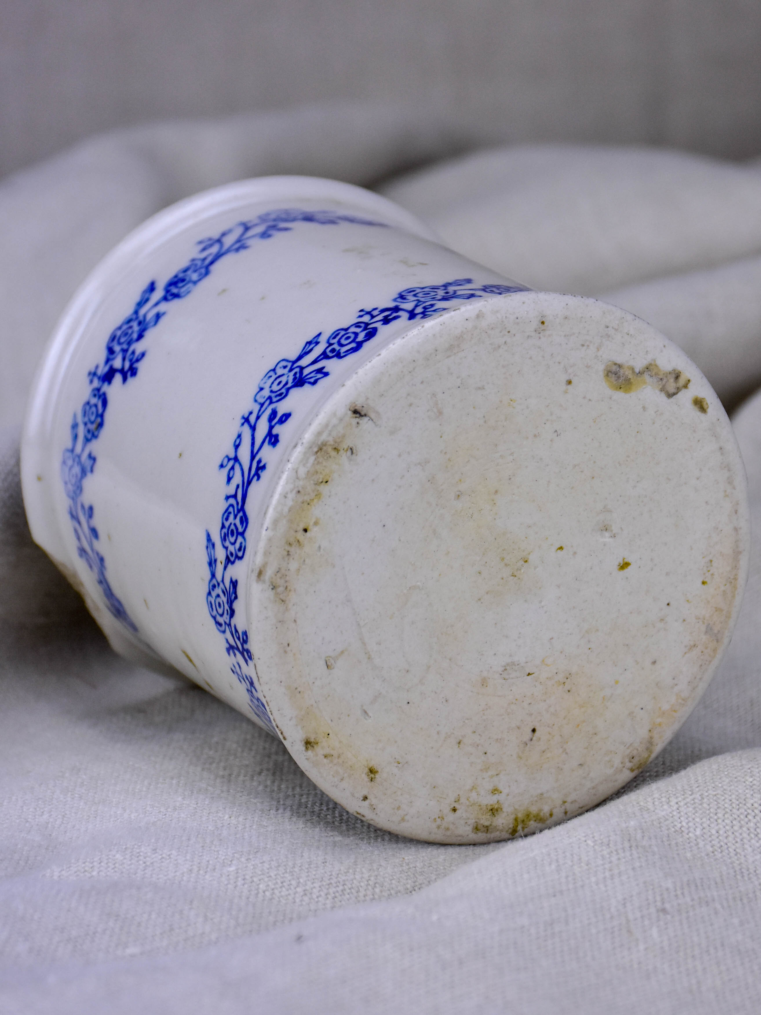 Antique French flour pot with blue flowers