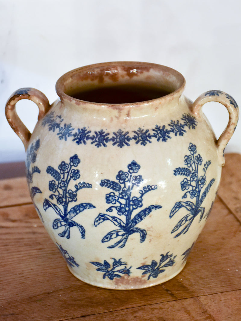 19th century French ironstone blue and white confit pot from Saint-Uze