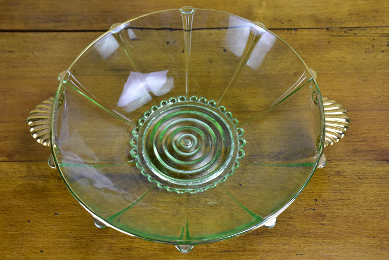 Art Deco Fruit salad serving bowl with eight dishes - green and gold glass