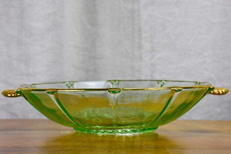 Art Deco Fruit salad serving bowl with eight dishes - green and gold glass