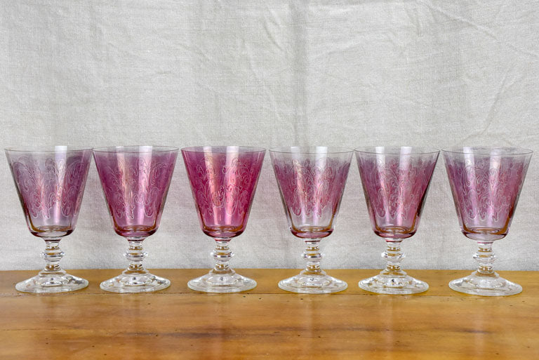 Set of six vintage engraved wine glasses - purple