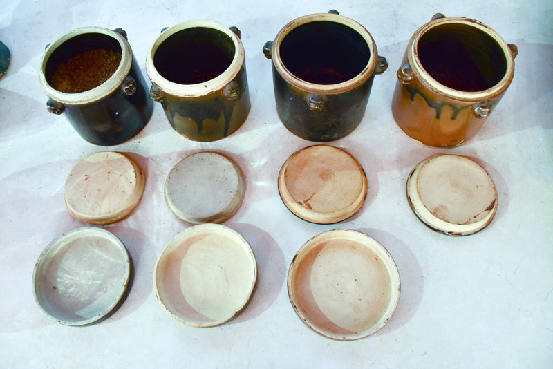 Collection of three double-lid stoneware tea canisters
