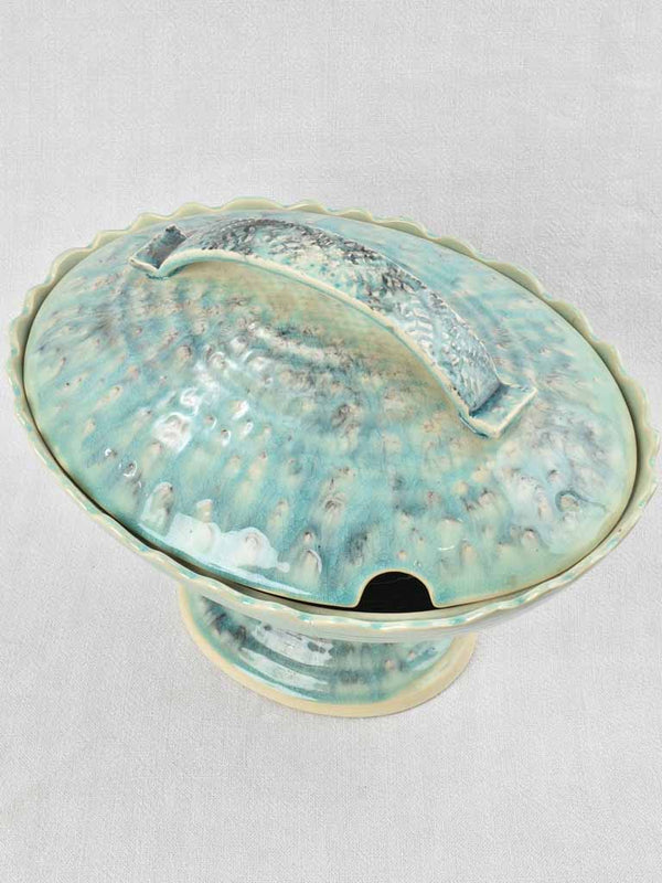 Vintage oval soup tureen with light aqua blue glaze 11¾"