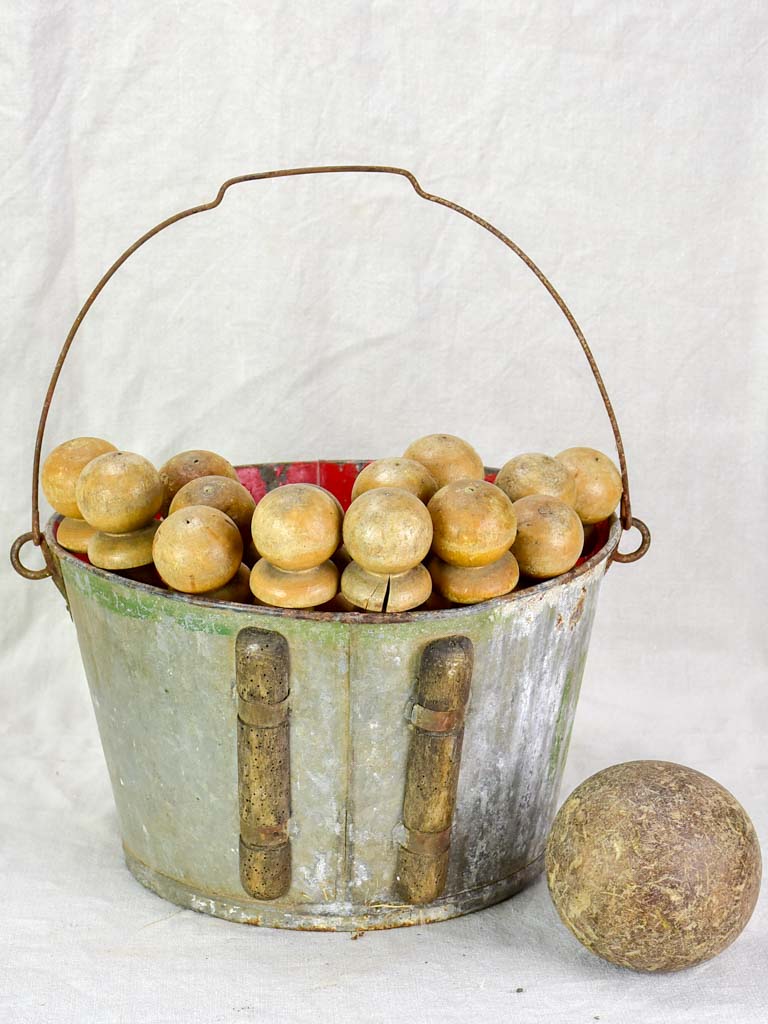 Antique French skittles game - 14 wooden pins, one ball