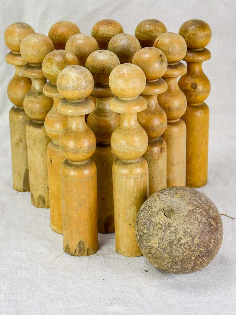 Antique French skittles game - 14 wooden pins, one ball