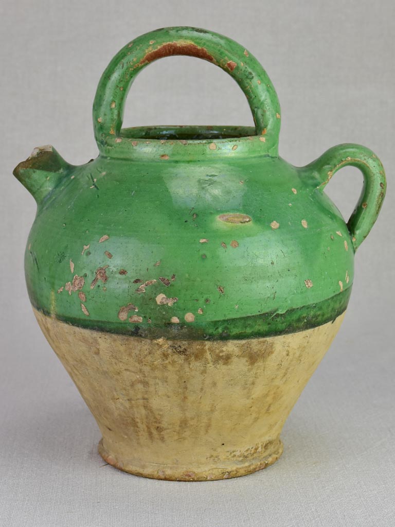 Early twentieth century French water pitcher with green glaze 11½"