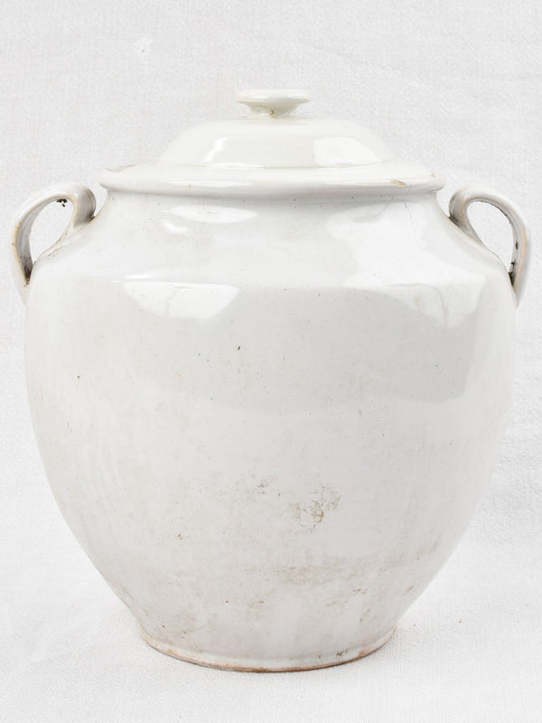 Early 20th century French preserving pot and lid with white glaze 11"