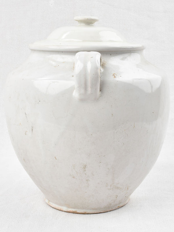 Early 20th century French preserving pot and lid with white glaze 11"