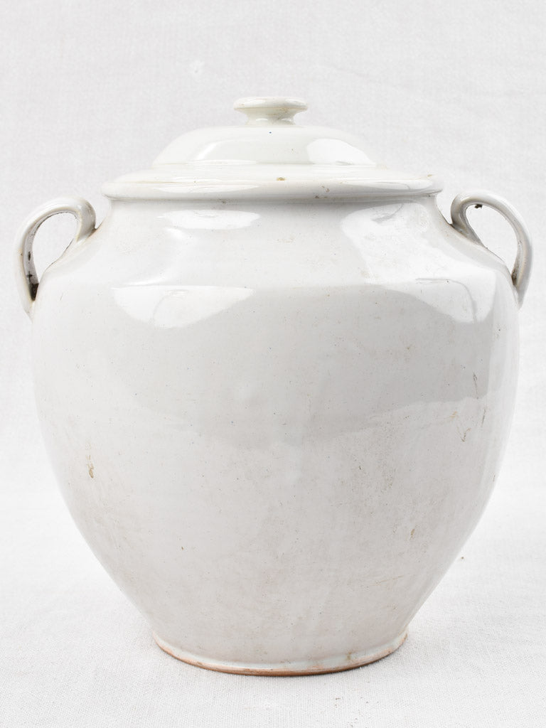 Early 20th century French preserving pot and lid with white glaze 11"