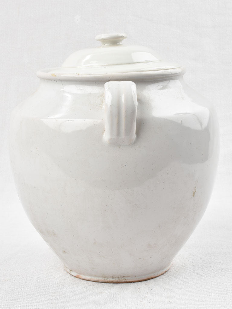 Early 20th century French preserving pot and lid with white glaze 11"