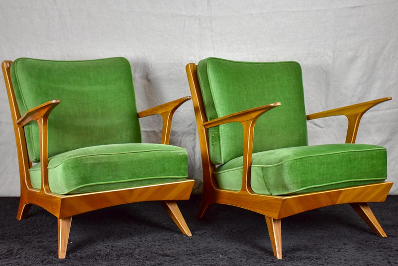 Pair of scandinavian armchairs with green velour upholstery