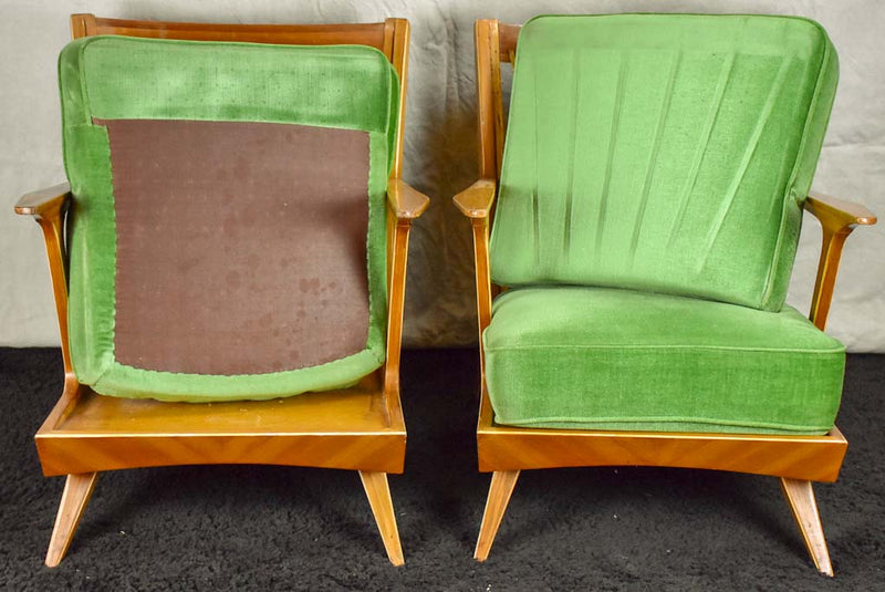 Pair of scandinavian armchairs with green velour upholstery
