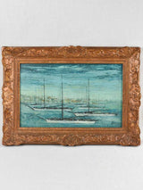 Antique French seascape painting with masted ships 21¾" x 30¼"