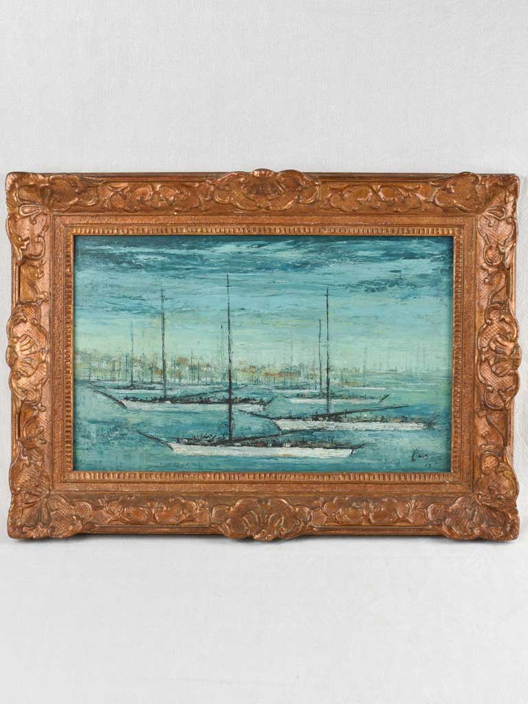 Antique French seascape painting with masted ships 21¾" x 30¼"