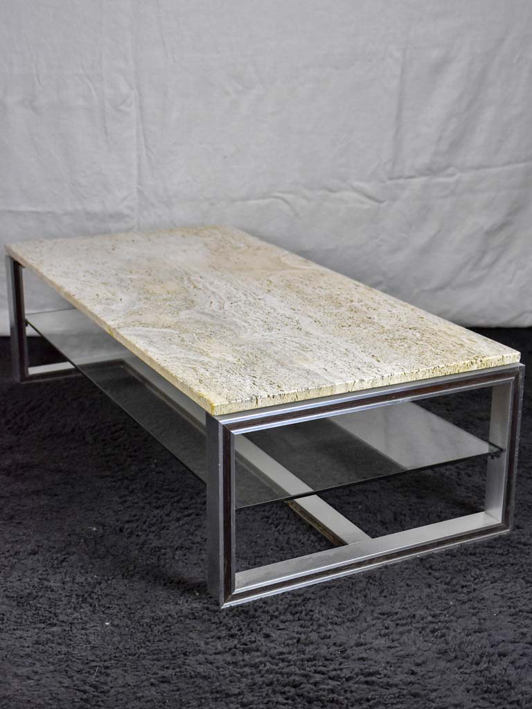 1970's travertine, glass, chrome coffee table - Michel Ducaroy