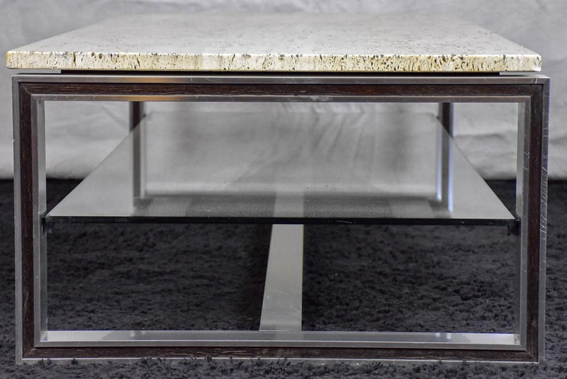 1970's travertine, glass, chrome coffee table - Michel Ducaroy