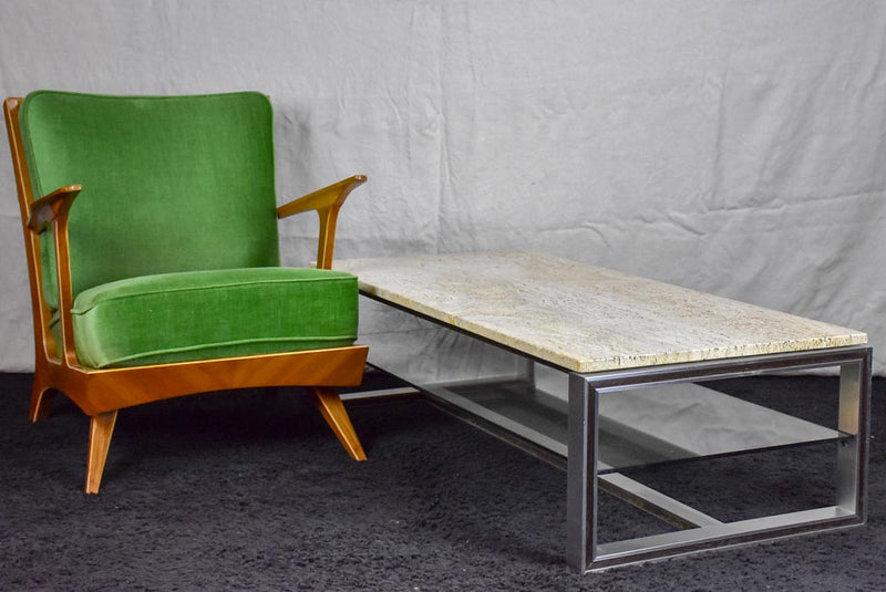 1970's travertine, glass, chrome coffee table - Michel Ducaroy