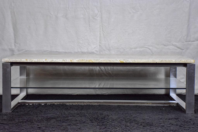 1970's travertine, glass, chrome coffee table - Michel Ducaroy