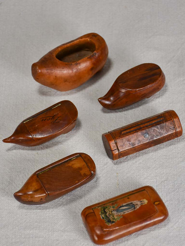 Collection of six tobacco snuff boxes and shoes