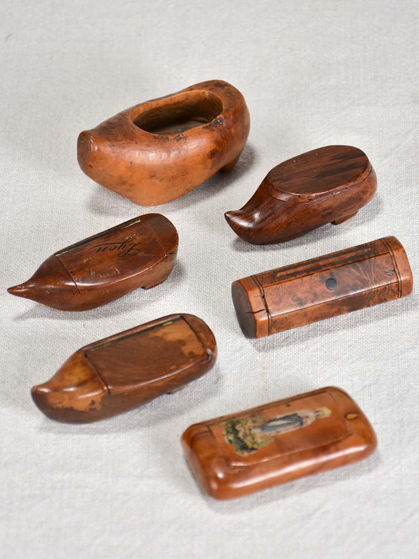Collection of six tobacco snuff boxes and shoes
