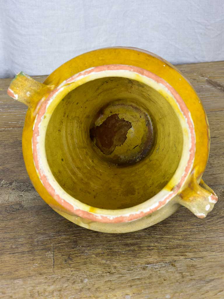 Antique French confit pot with yellow and green glaze 10¾"
