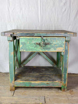 Superb early 20th Century work table with original green patina, cross bracing and drawer 31½ x  39¾""