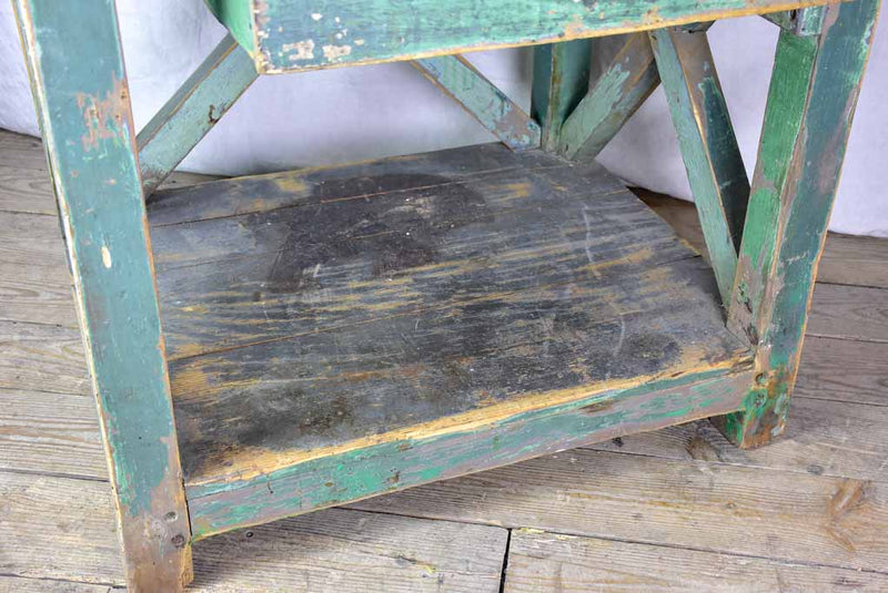Superb early 20th Century work table with original green patina, cross bracing and drawer 31½ x  39¾""
