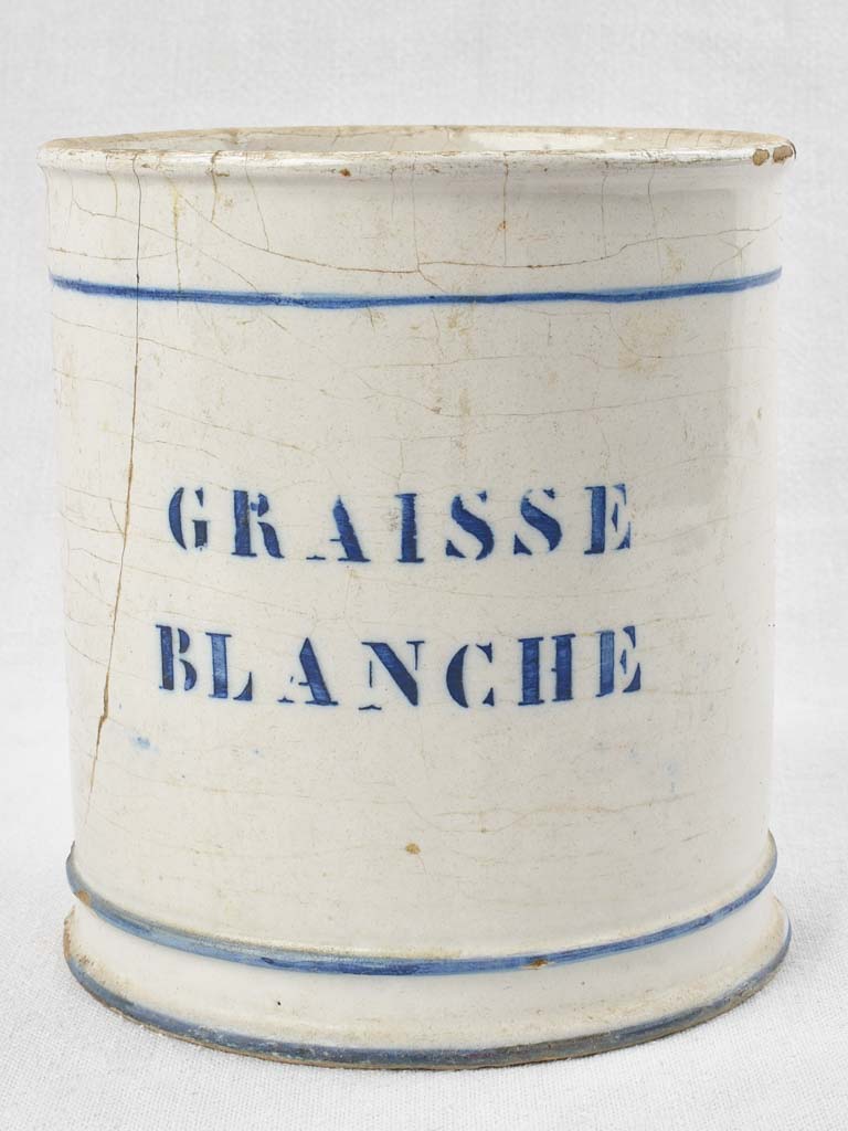 French earthenware preserving pot with blue stripes - Graisse Blanche 8"