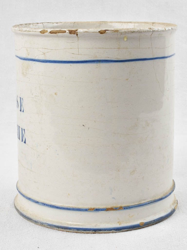 French earthenware preserving pot with blue stripes - Graisse Blanche 8"