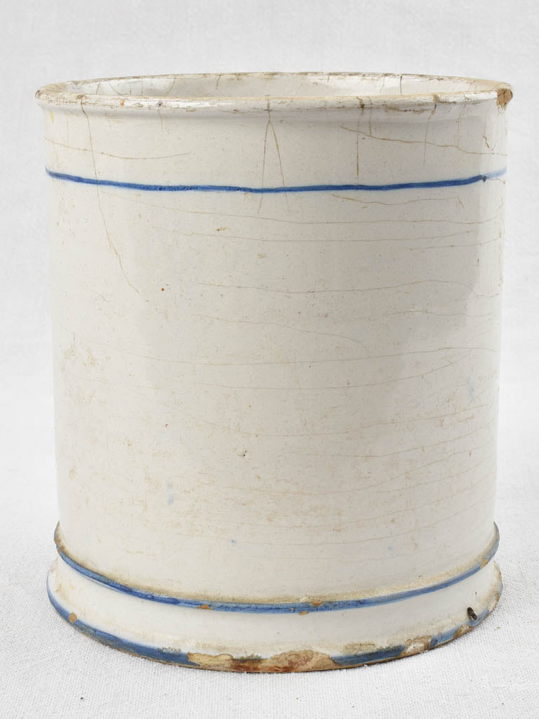 French earthenware preserving pot with blue stripes - Graisse Blanche 8"