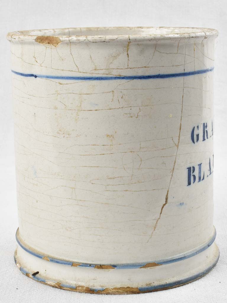 French earthenware preserving pot with blue stripes - Graisse Blanche 8"