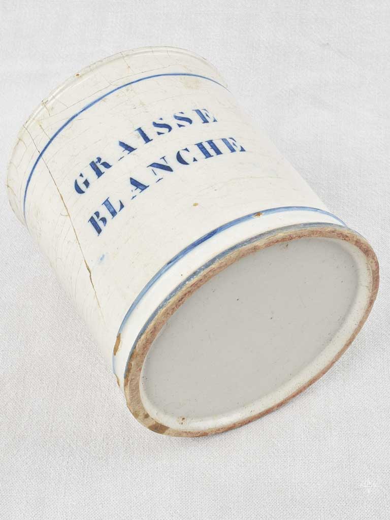 French earthenware preserving pot with blue stripes - Graisse Blanche 8"