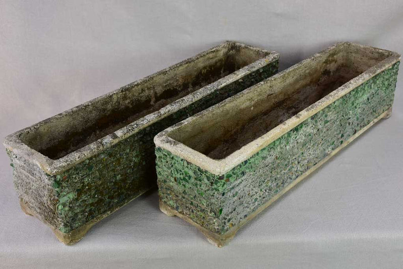 Pair of mid century cement and green glass rectangular planters 32"