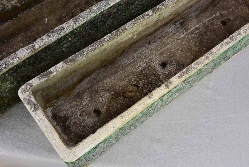 Pair of mid century cement and green glass rectangular planters 32"