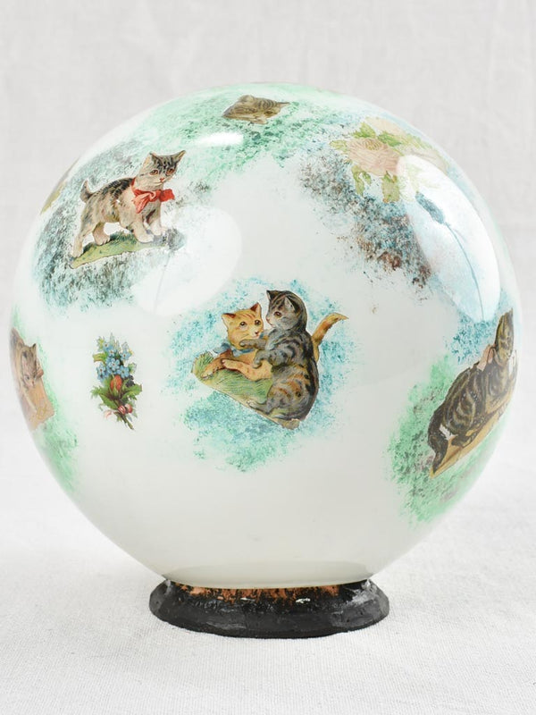 Antique French blown glass wig display decorated with cats 8¼"