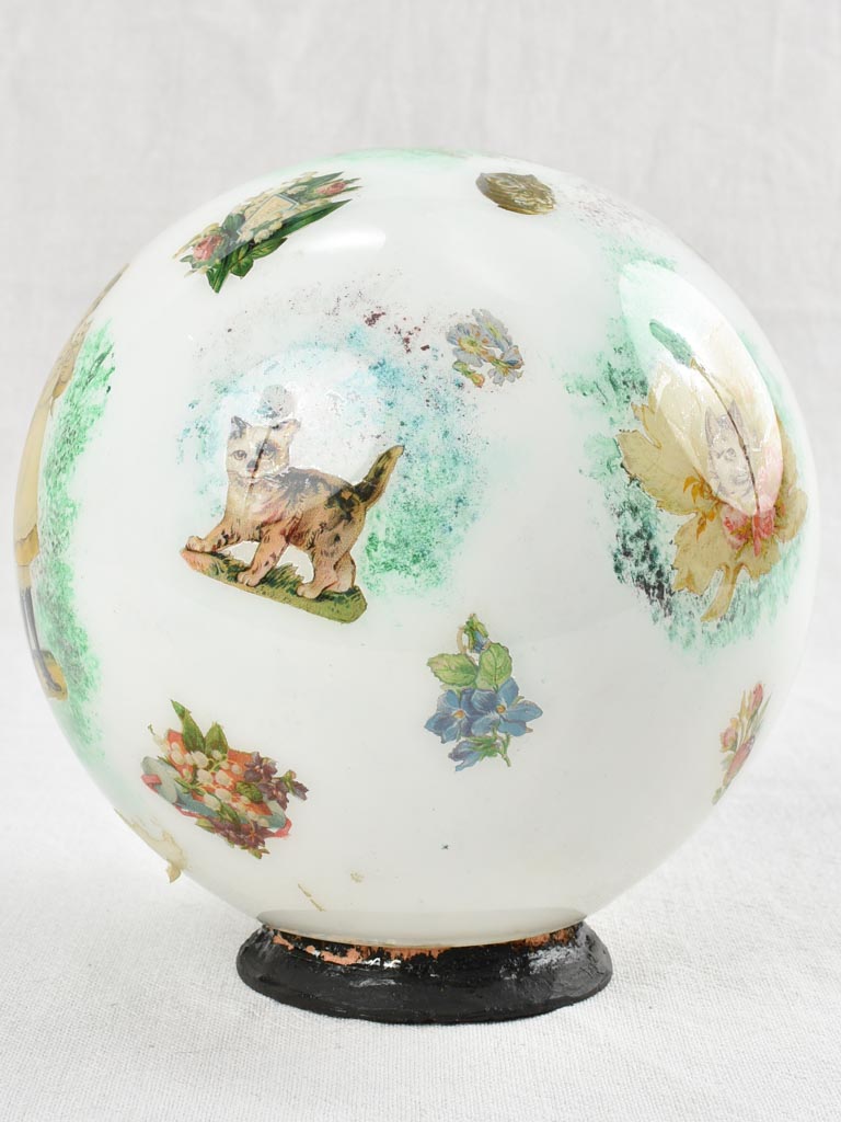 Antique French blown glass wig display decorated with cats 8¼"