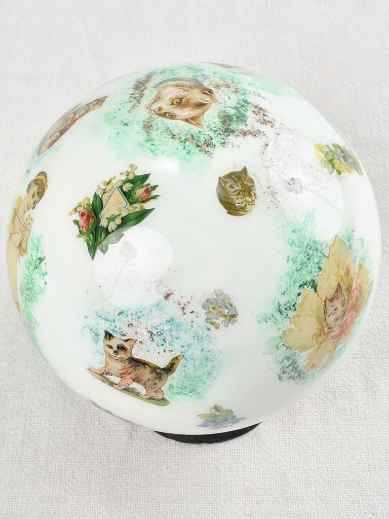 Antique French blown glass wig display decorated with cats 8¼"