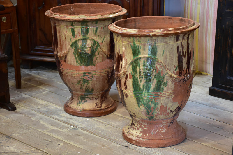 Pair of large flame glazed Anduze urns branded BOISSET